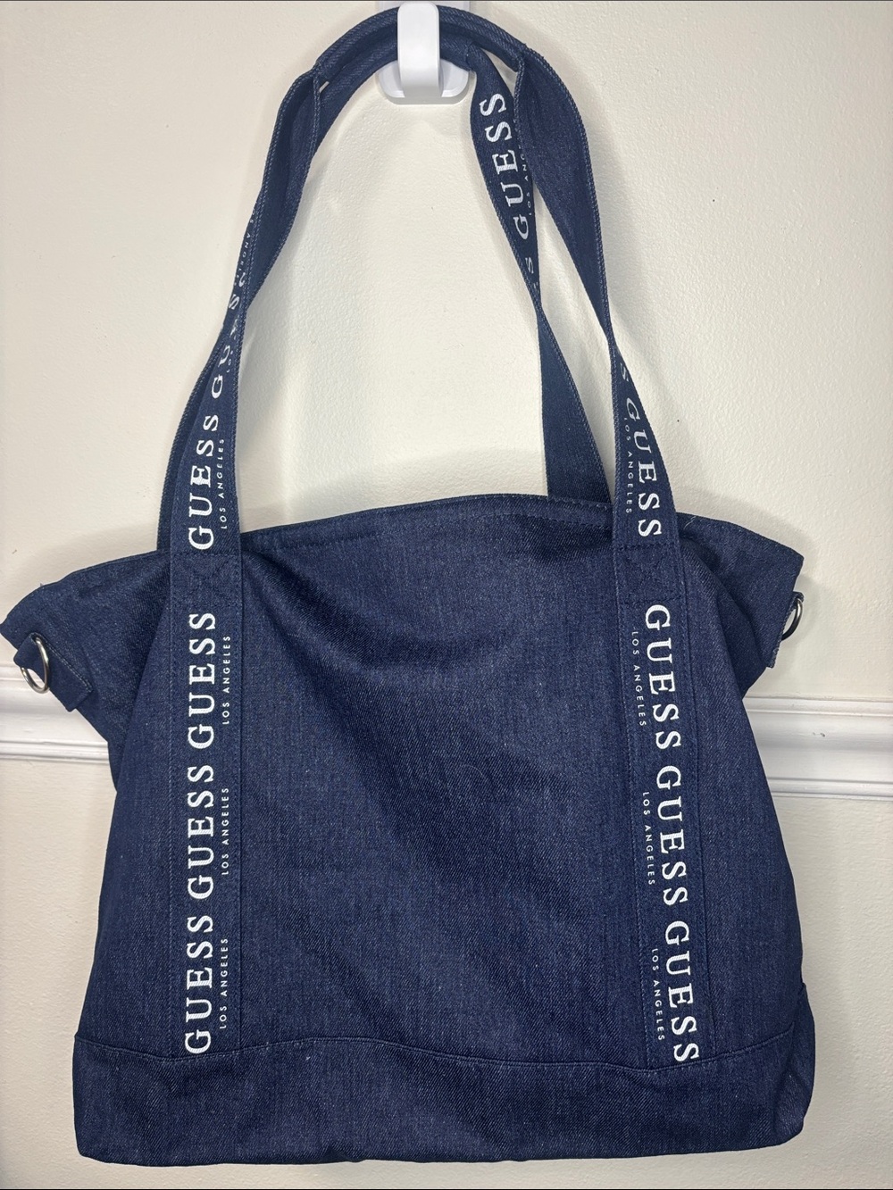 Guess Navy Denim Oversized Tote with White Logo Strap (NEW) - Picture 5 of 10